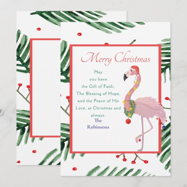 Jul Santa Rosa Flamingo Grön Julkrans  Julkort (Fram/baksida)