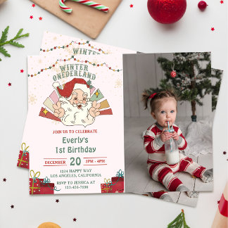 Jul Santa Winter Onederland Birthday Photo Inbjudningar