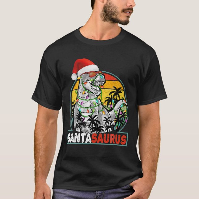 Jul Santasaurus Dinosaur Rex Julafton Ljus Manar T Shirt (Framsida)