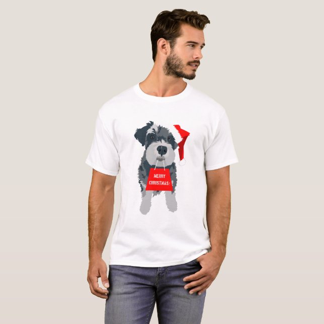 Jul Schnauzer Hund Santa Hat T-Shirt (Hel framsida)