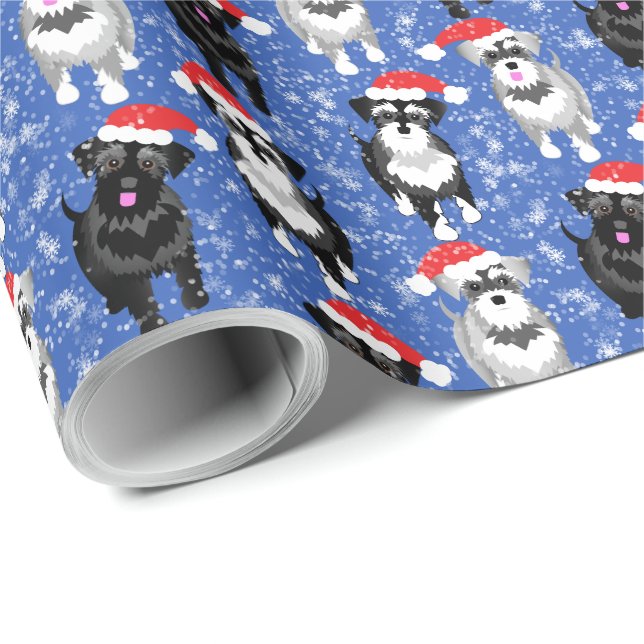 Jul Schnauzers i Santa Hats Blue Snöflingor Presentpapper (Rullad Hörn)