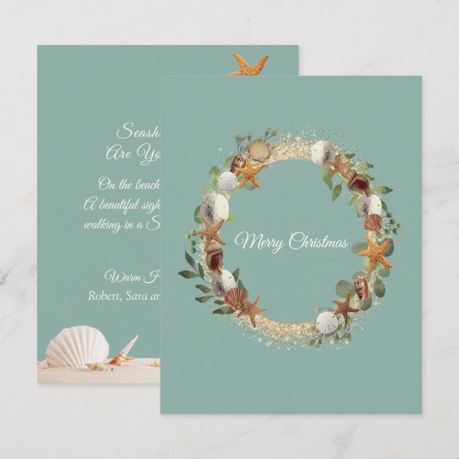 Jul Seashells Starfish Sand Dollars Tropical Kort (Fram/baksida)