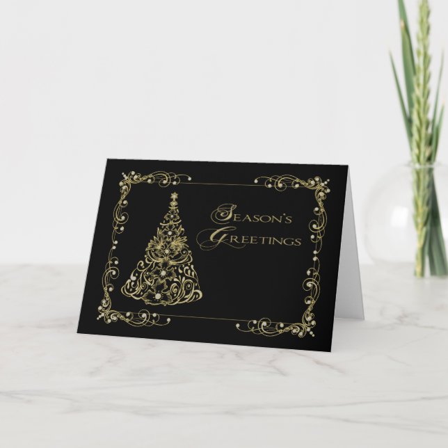 Jul, Season Greetings Guld Träd på Black Kort (Framsida)