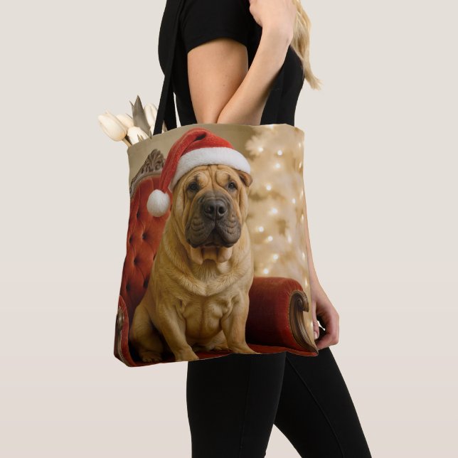 Jul Shar-Pei Hund Med Tomtehatt Tygkasse (Närbild)