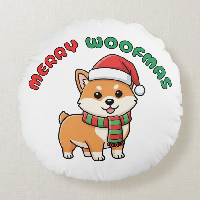 Jul Shiba Inu Round Pillow: Merry Woofmas Rund Kudde (Framsidan)