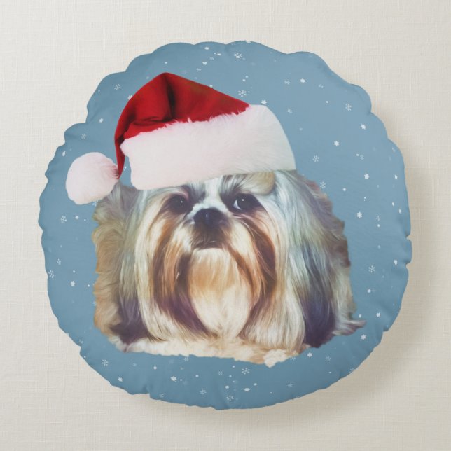 Jul Shih Tzu hund, Santa hatt Rund Kudde (Framsidan)