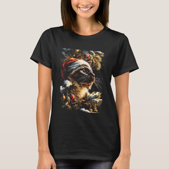 Jul siames katt med tomtehatt festlig vinter t shirt (Framsida)