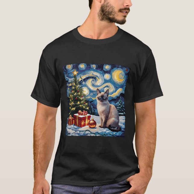 Jul Siamese Cat Art Van Gogh the Starry Nigh T Shirt (Framsida)