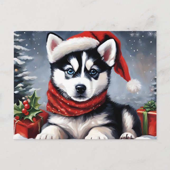 Jul Siberian husky Puppy Wearing Santa Hat Helg Vykort (Framsida)