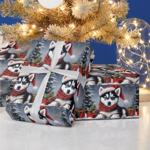Jul Siberian husky Puppy Wearing Santa Hat Presentpapper