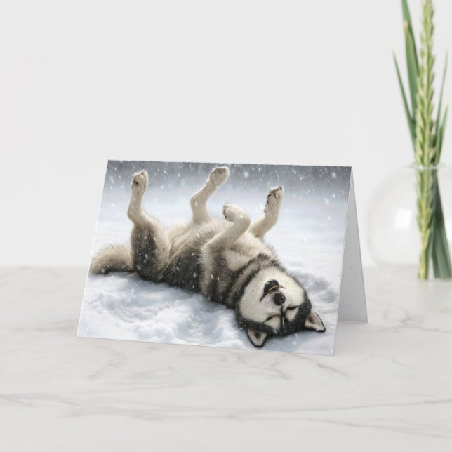 Jul Sibirisk Husky Gör en Snöängel Helgkort (Framsida)
