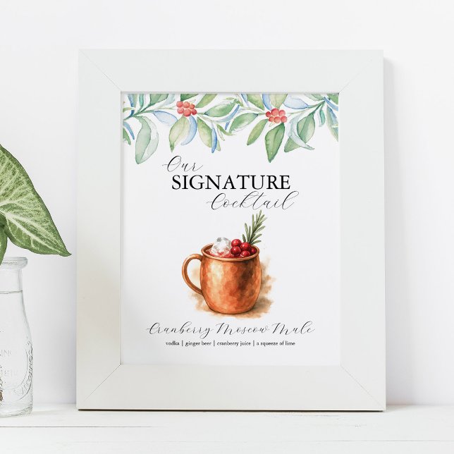 Jul Signatur Cocktail Bar Skyltar (Signature cocktail bar sign watercolor cranberry moscow mule by Do Tell A Belle)