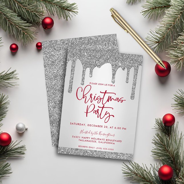 Jul Silver Glitter-påsar jul Party Inbjudningar (Christmas Silver Glitter Drips Christmas Party Invitation)
