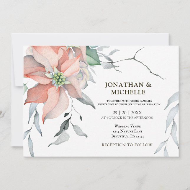 Jul Silver Rosa Poinsettia Christian Bröllop Inbjudningar (Framsida)