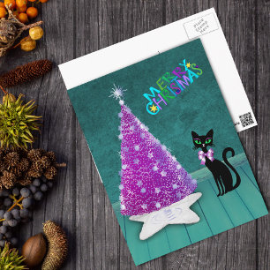 Jul Silver Rosa Träd Atomisk Svart Katt Teal Vykort