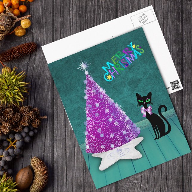 Jul Silver Rosa Träd Atomisk Svart Katt Teal Vykort (Sparkle silver pink tree on star rug, black atomic cat in teal room on Merry Christmas postcard.)