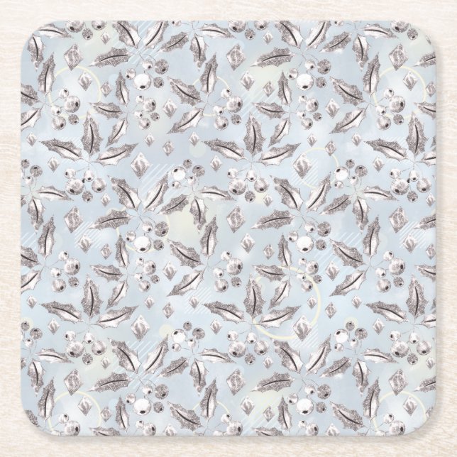 Jul, silver-snoddar, vita, snöflingor, vinter underlägg papper kvadrat (Framsidan)
