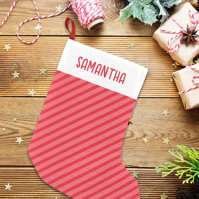 Jul Simple Red Whimsical Rand Cute Liten Julstrumpa (Christmas whimsical red holiday striped stocking.)