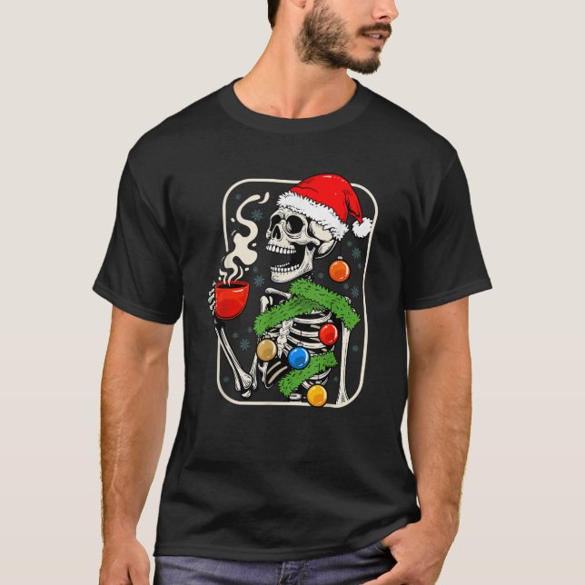 Jul Skeleton Drinking Coffee Älskare Ljus Xm T Shirt (Framsida)