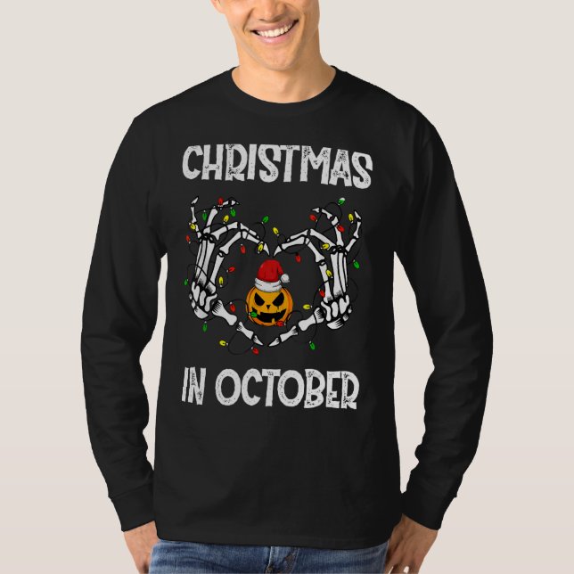 Jul Skeleton Händer Pumpkin Santa Hat T Shirt (Framsida)