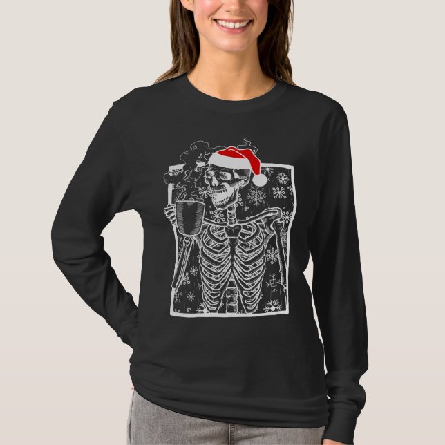 Jul Skeleton med leende Skulldrickshytt Kof T Shirt (Framsida)