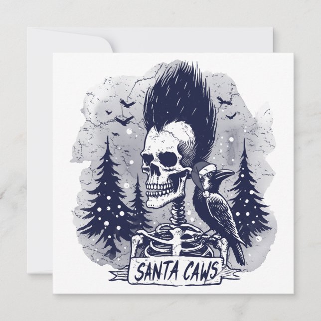 Jul Skeleton och Raven Santa Caws Julkort (Framsida)
