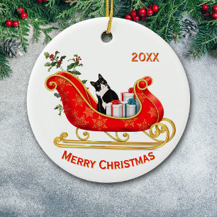 Jul Sleigh Funny Black White Cat Julgransprydnad Keramik