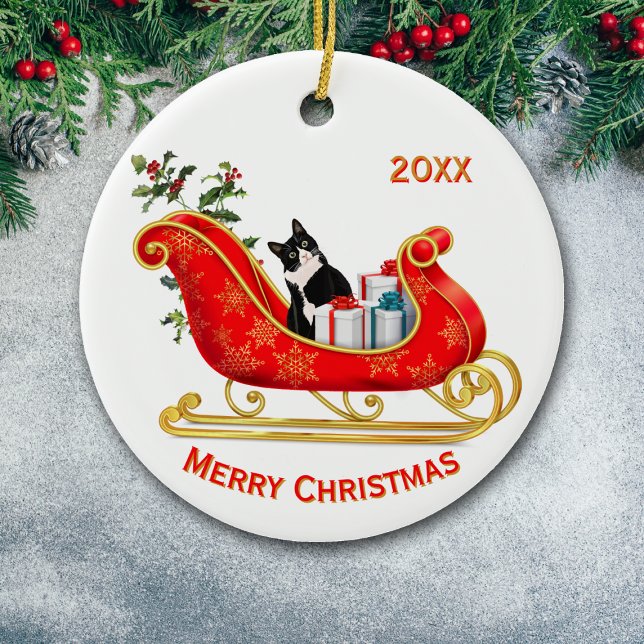 Jul Sleigh Funny Black White Cat Julgransprydnad Keramik (Skapare uppladdad)
