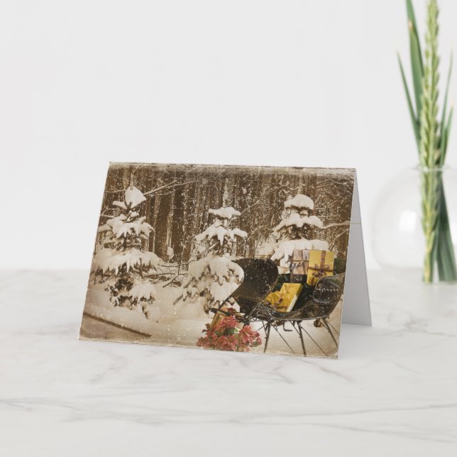 Jul Sleigh med gåvor på vintern skogen Helgkort (Framsida)