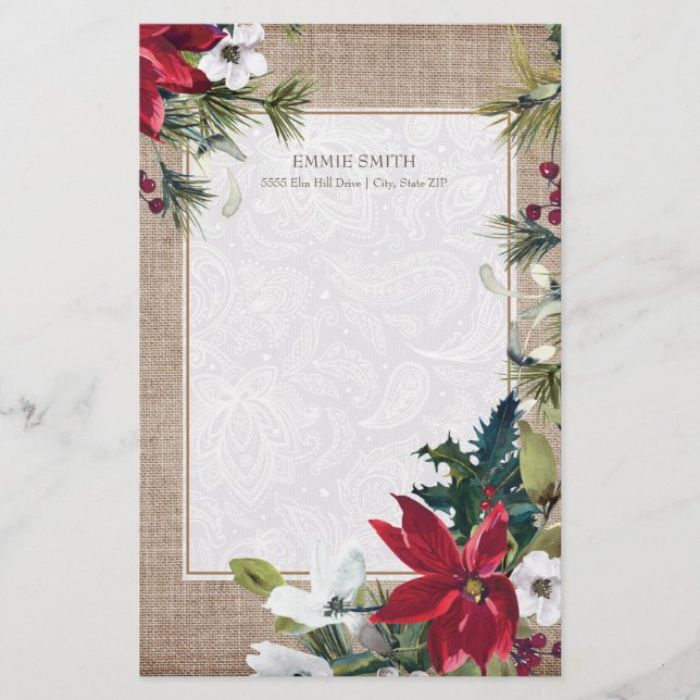 Jul Slöjduk Poinsettia Gröna blad Brevpapper (Framsida)