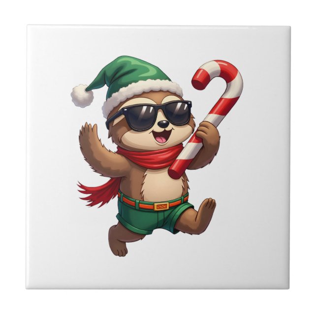 Jul Sloth Älva Pepparmynta Candy Cane Tröja Gi Kakelplatta (Framsidan)