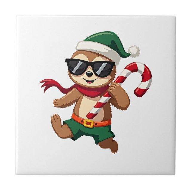 Jul Sloth Tomte Pepparmynta Candy Cane Tröja Gi Kakelplatta (Framsidan)