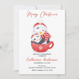 Jul, små pingviner i en mugg-babyskö i inbjudningar