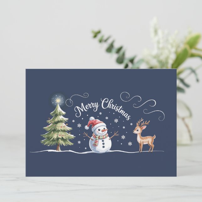 Jul Snemann Ren Xmas Träd Vinter Julkort (Stående Fram)