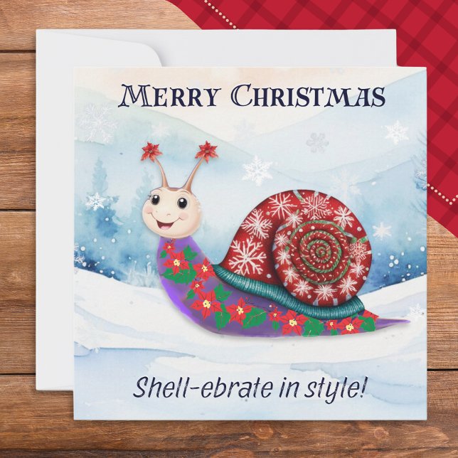 Jul Snigel Snö Festive Pun Funny Humous Julkort (A funny Christmas card with picture of a jolly snail wearing a festive sweater in the snow)