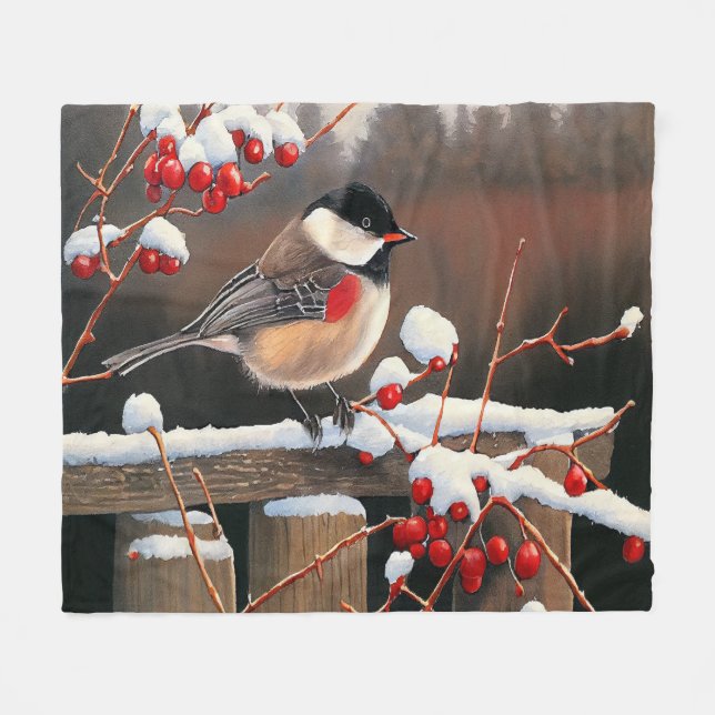 Jul Snö Black Cap Chickadee Red Berries Fleecefilt (Framsidan (Horisontell))