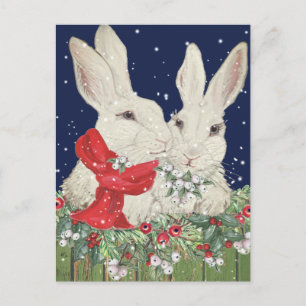 Jul Snö Bunny Rabbit Mörk blått Holly Berry Helg Vykort