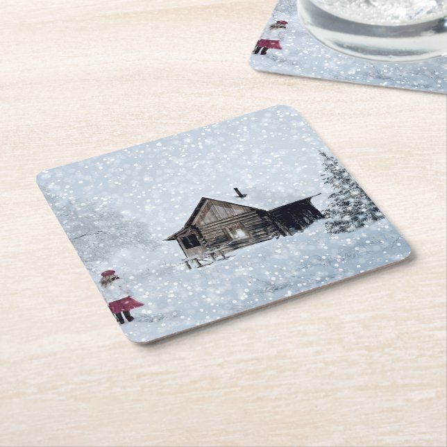 Jul Snö vid Cabin Underlägg Papper Kvadrat (Vinklad)