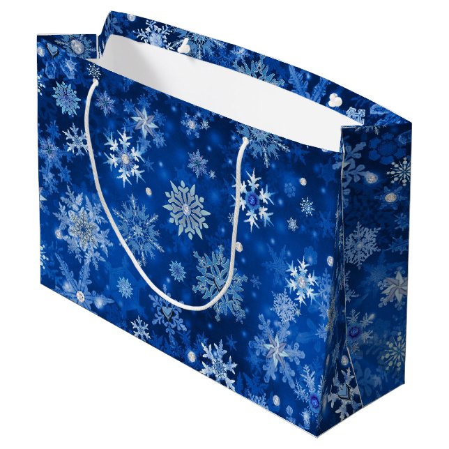 Jul Snöflingor Blå och Silver Stor Presentpåse (Baksidan Vinklad)
