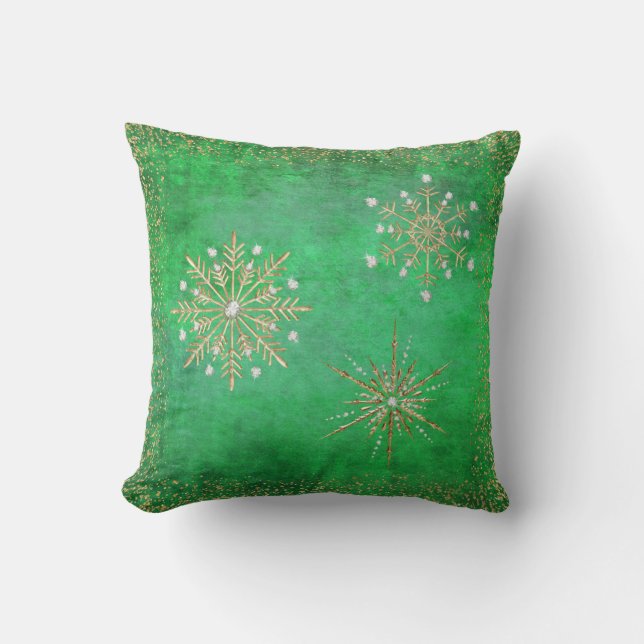 Jul Snöflingor Grönt och Guld Glitter Kudde (Framsida)