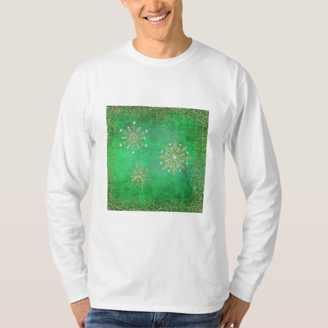 Jul Snöflingor Grönt och Guld Glitter Tee (Framsida)