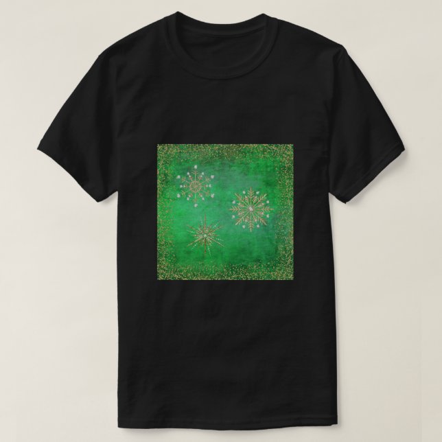 Jul Snöflingor Grönt och Guld Glitter Tee Shirt (Design framsida)