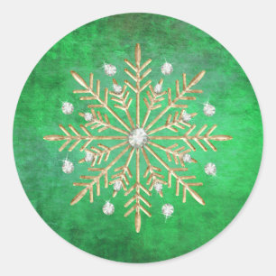 Jul Snöflingor Grönt och Guld Runt Klistermärke