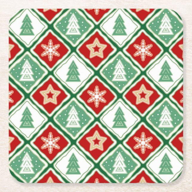 Jul snöflingor och Julgranar Underlägg Papper Kvadrat (Framsidan)