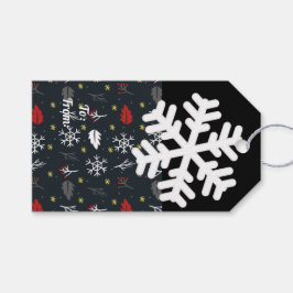 Jul Snöflingor och Löv med svart bak Presentetikett