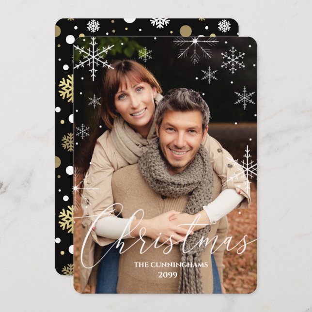 Jul-Snöflingor och typografi-foto Julkort (Fram/baksida)