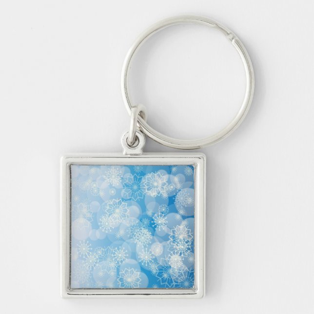 Jul snöflingor på blå bakgrund fyrkantig silverfärgad nyckelring (Framsidan)