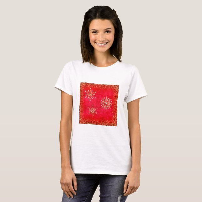 Jul Snöflingor Red & Guld Glitter T-shirt (Hel framsida)