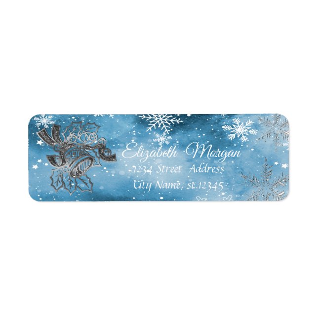 Jul snöflingor, Silver julklocka Returadress Etikett (Framsidan)