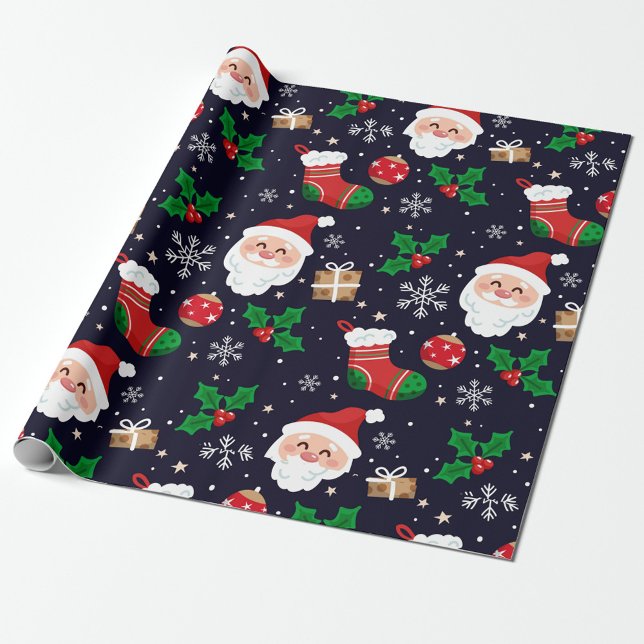 Jul Snöflingor Wrapping Papper Presentpapper (A festive wrapping paper featuring cheerful Santa faces, stocking, and holiday motifs.  )